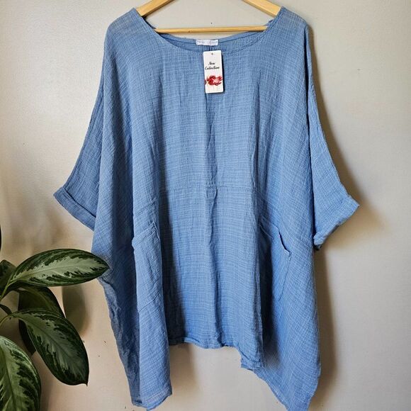 NWT NEW COLLECTION MADE IN ITALY BLUE SUPER OVERSIZED TOP ONE SIZE - Picture 1 of 13